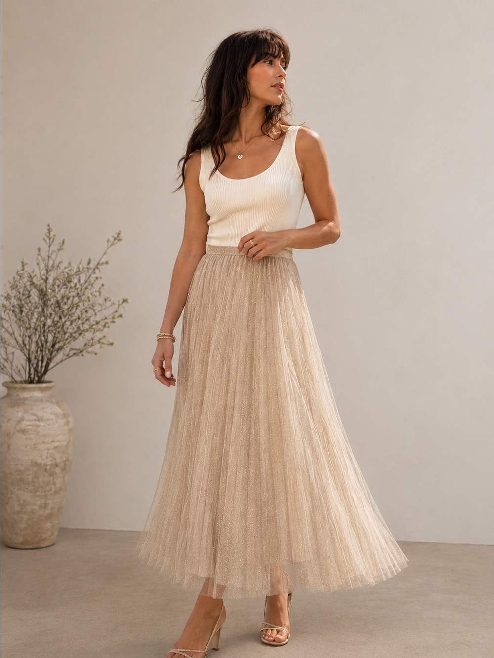 Lucy Paris Champagne Pleated Tulle Shimmer Maxi - Romantic- Wedding Guest Skirt